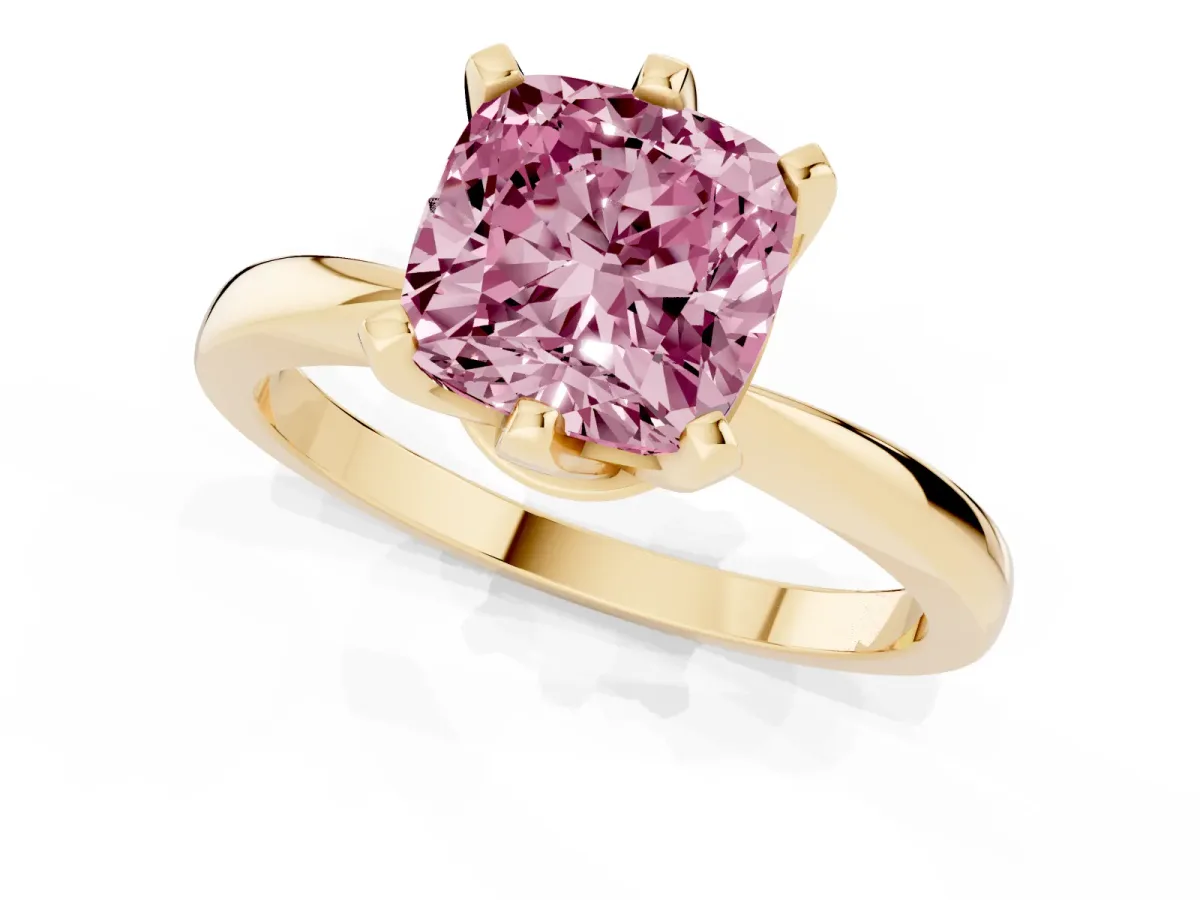 Fancy Pink Cushion Cut Solitaire Engagement Ring with Six-Prong Setting and Tapered Band Yellow gold