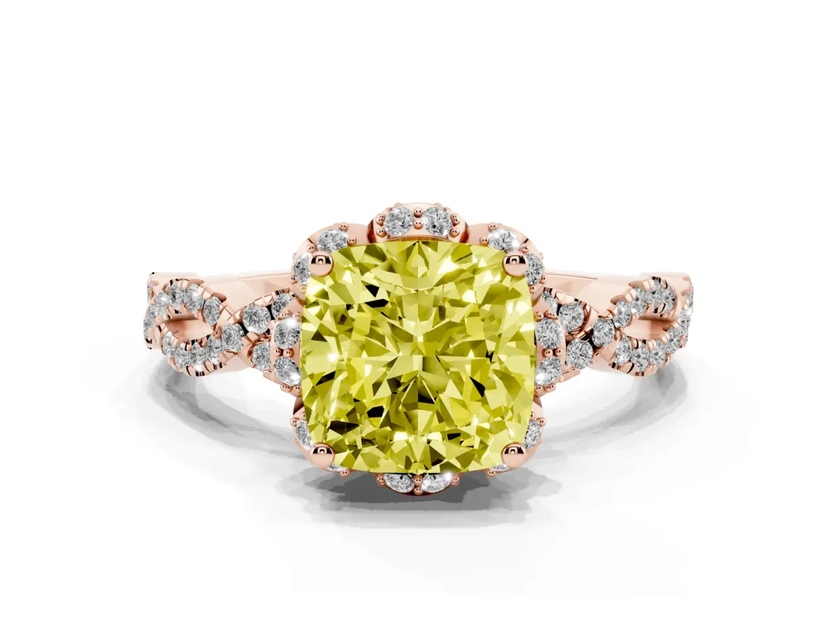 Fancy Yellow Cushion Cut Halo Twist Band Solitaire Ring with Six-Prong Setting Rose gold