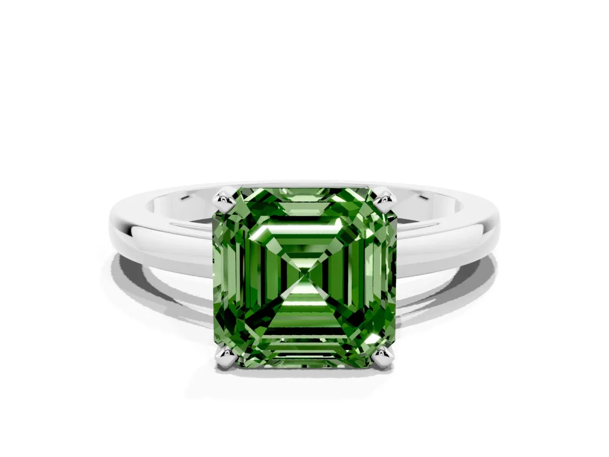 Fancy Green Asscher Cut Solitaire Diamond Engagement Ring with Four-Prong Setting on a Classic Band Silver