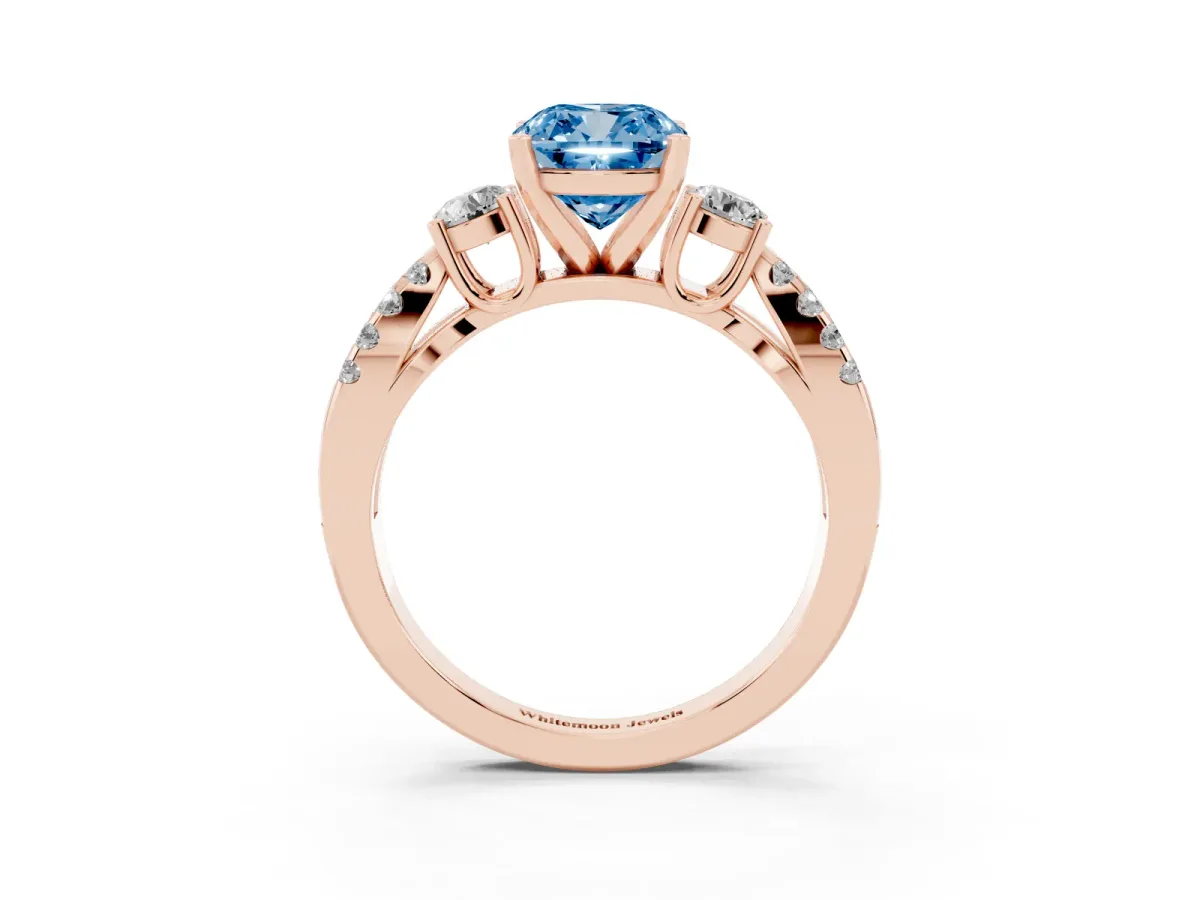 Fancy Blue Cushion Cut Diamond Three-Stone Ring with Pavé Split Shank and Four-Prong Setting Rose gold