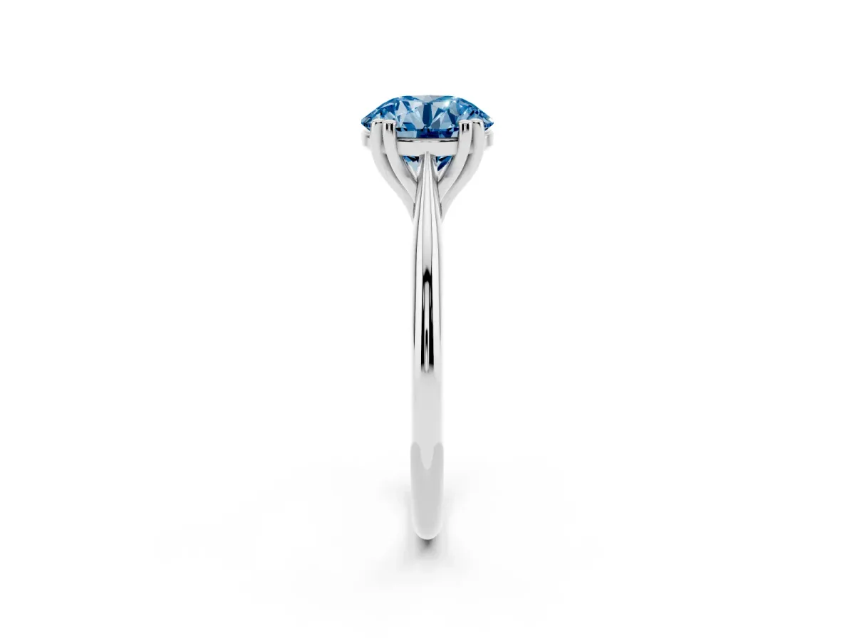 Fancy Blue Round Cut Solitaire Diamond Ring with Six-Prong Setting and Classic Band Silver
