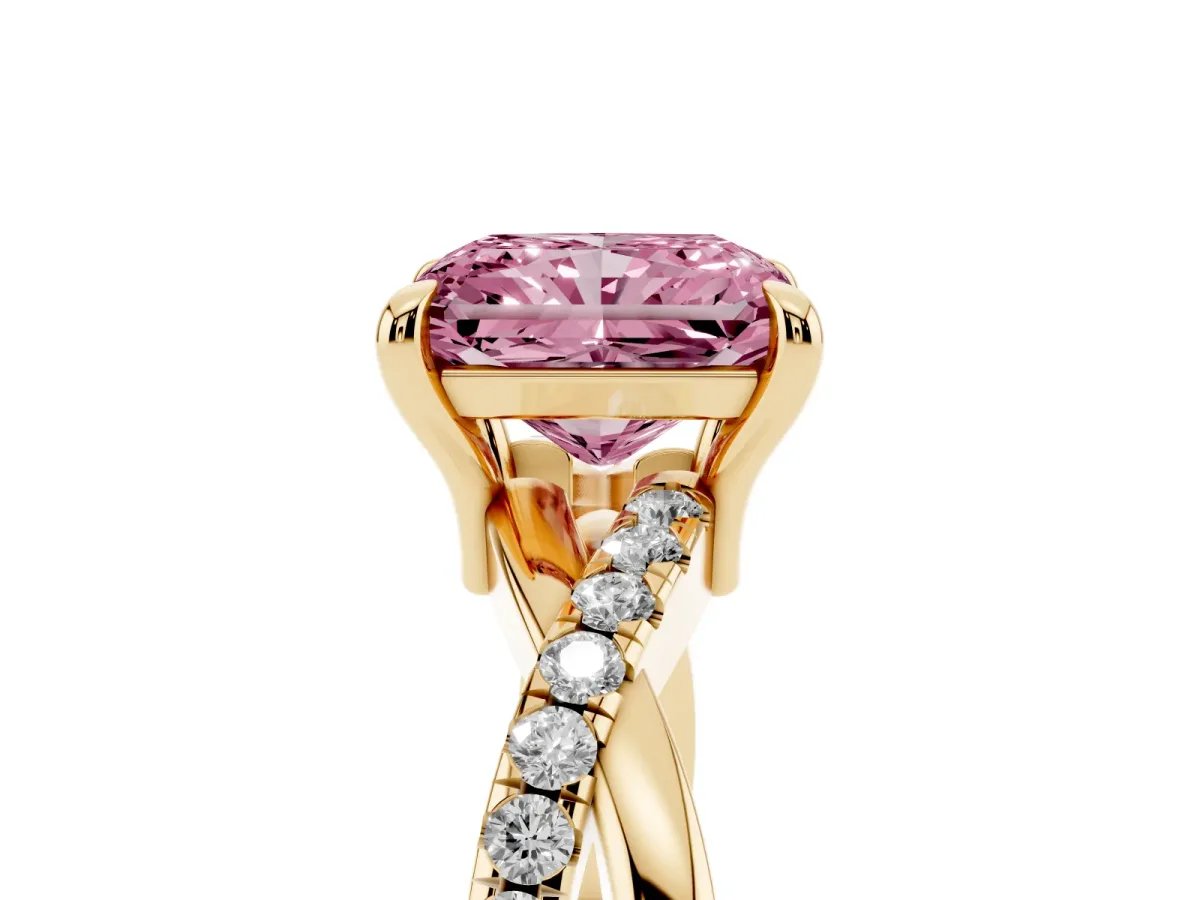 Fancy Pink Radiant Cut Cut Diamond Twist Band Solitaire with Prong Setting Yellow gold