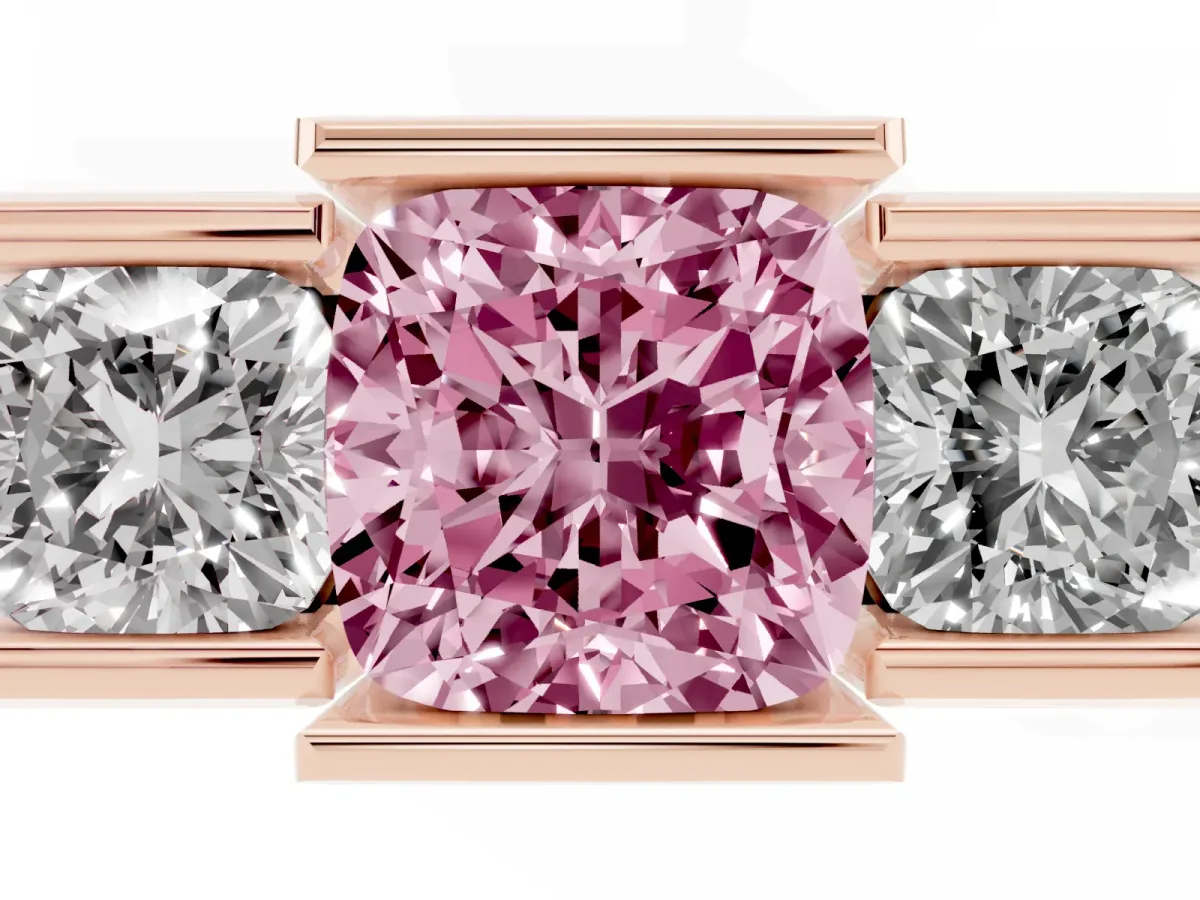 Fancy Pink Three Stone Cushion Cut Cut Channel Set Diamond Ring Rose gold