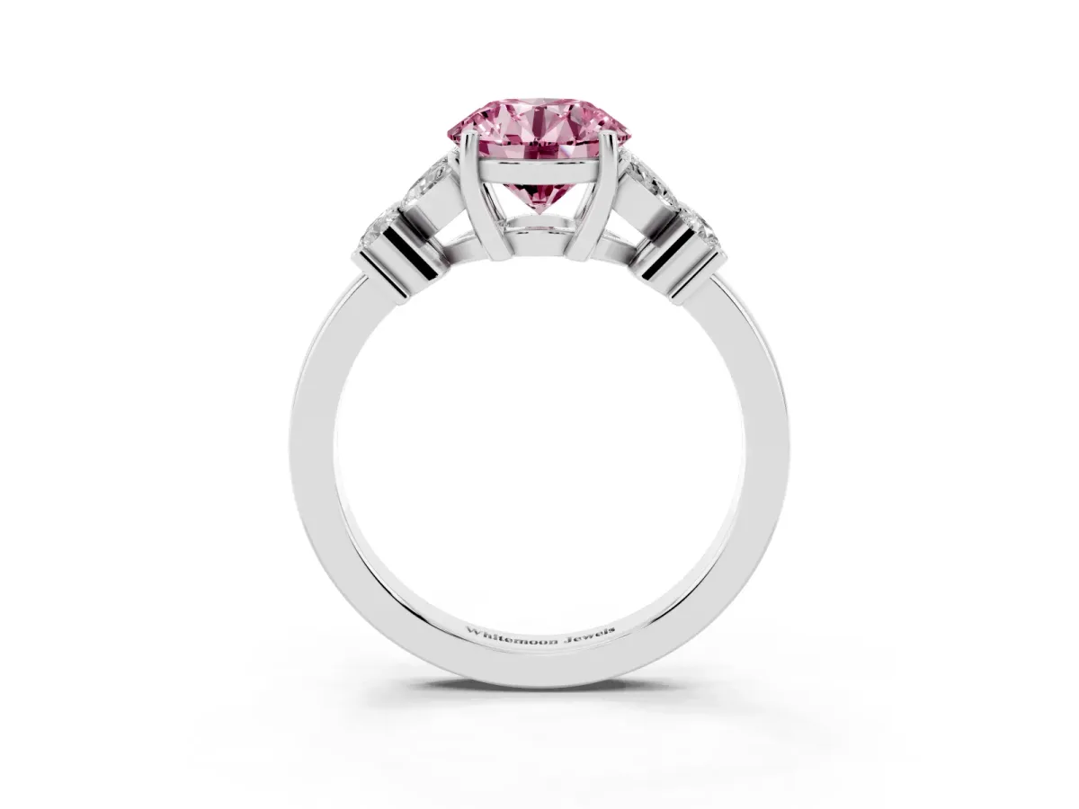 Fancy Pink Round Cut Diamond Floral Cluster Ring with Solitaire Band and Prong Setting Silver