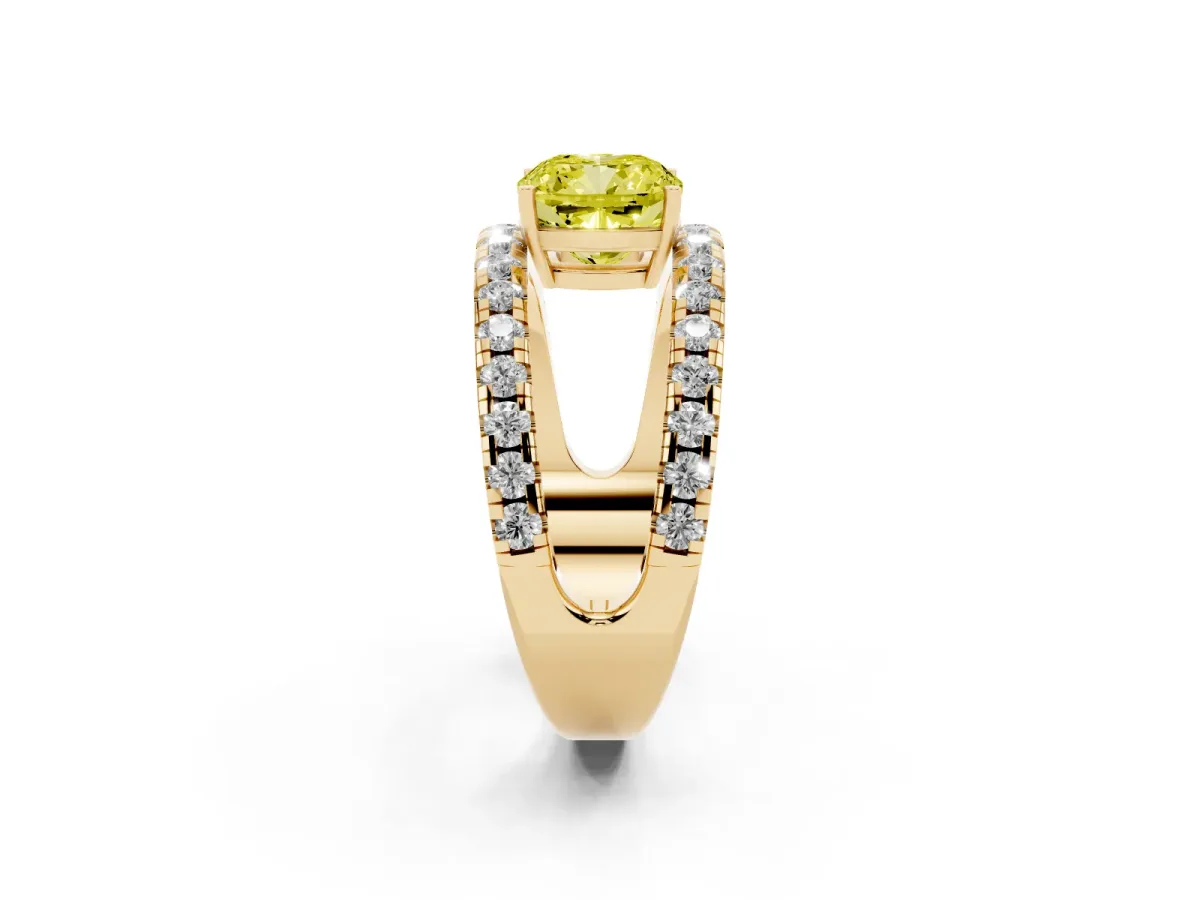 Fancy Yellow Cushion Cut Solitaire Split Shank Pave Diamond Ring Yellow gold