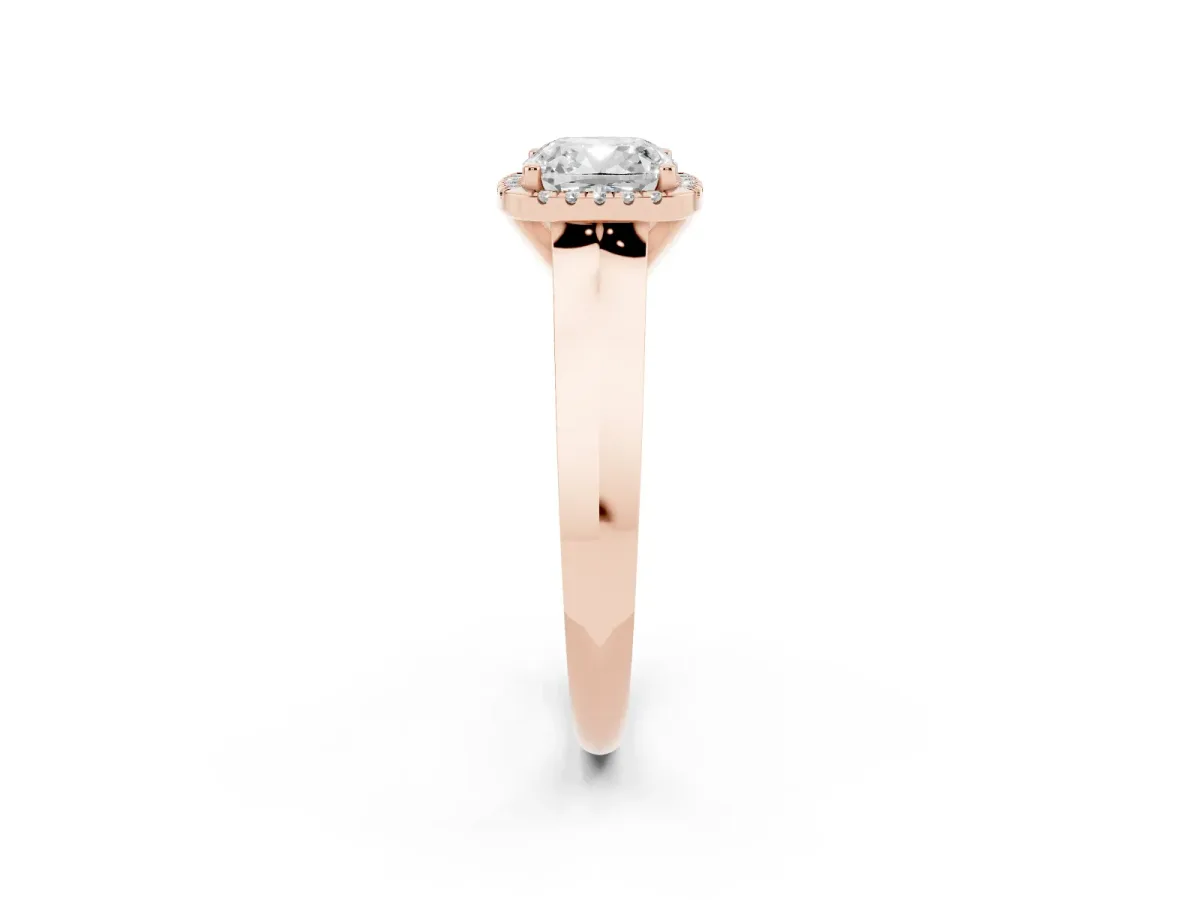 Cushion Cut Halo Diamond Ring with Cathedral Band and Four-Prong Setting Rose gold