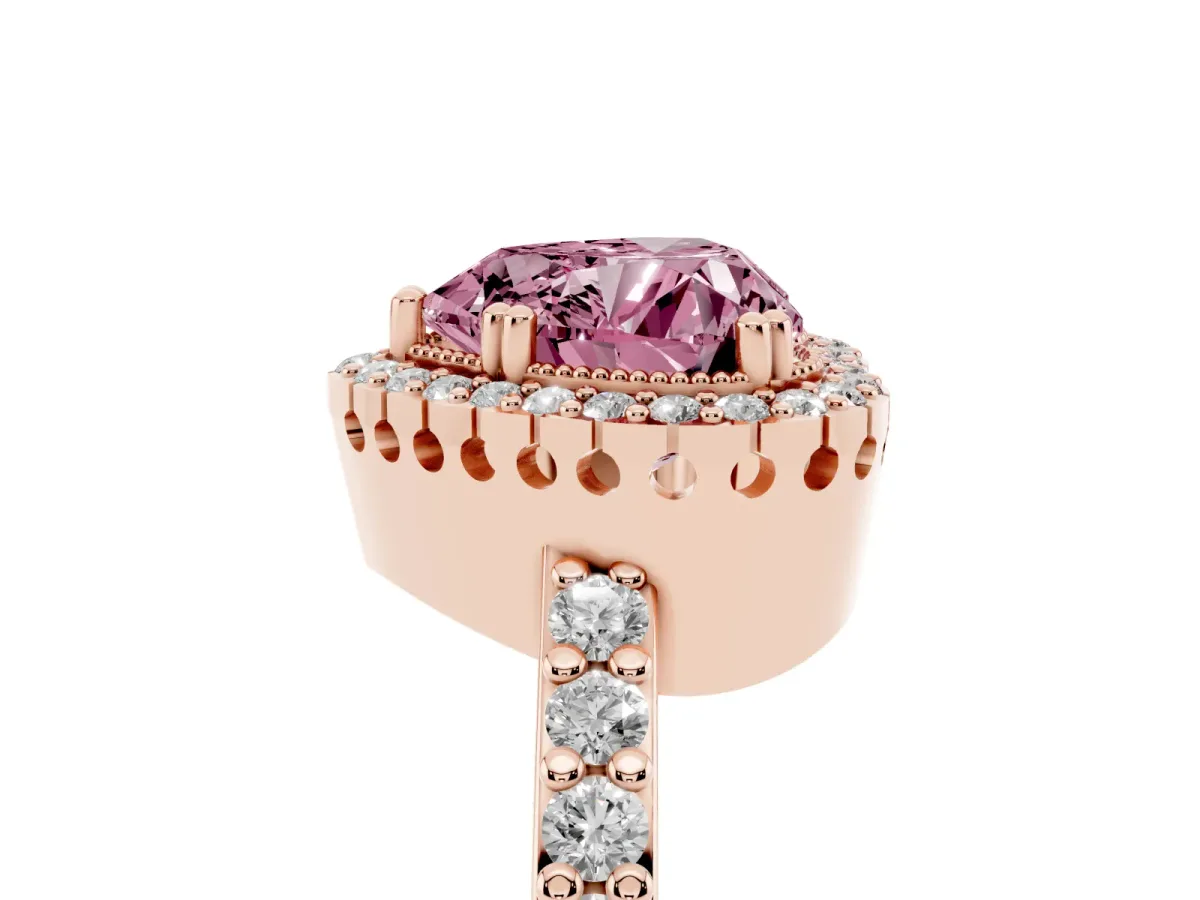 Fancy Pink Heart Cut Cut Diamond Halo Engagement Ring with Milgrain Detail and Pavé Band Rose gold