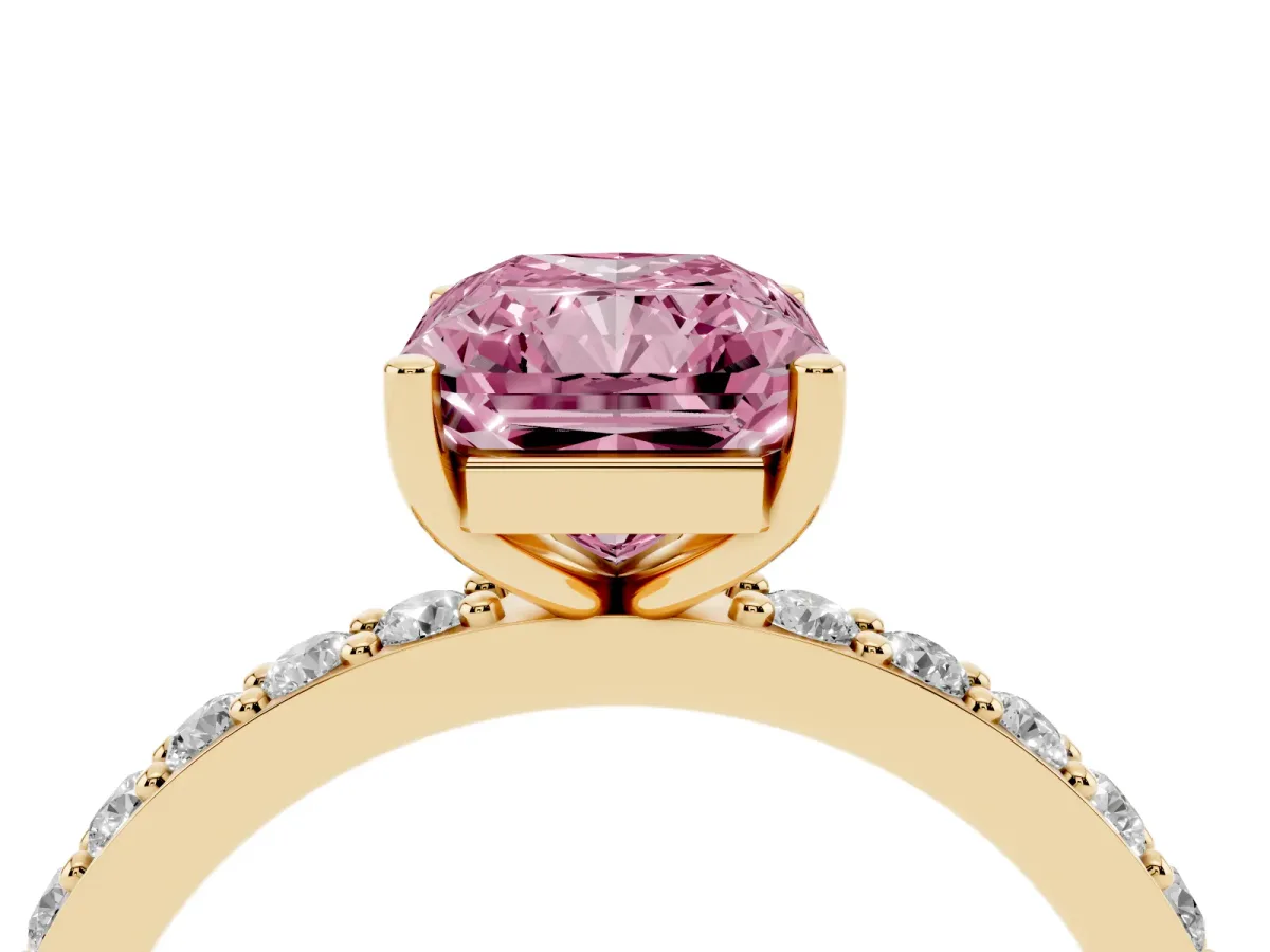Fancy Pink Radiant Cut Cut Diamond Solitaire with Pave Band and Four-Prong Setting Yellow gold