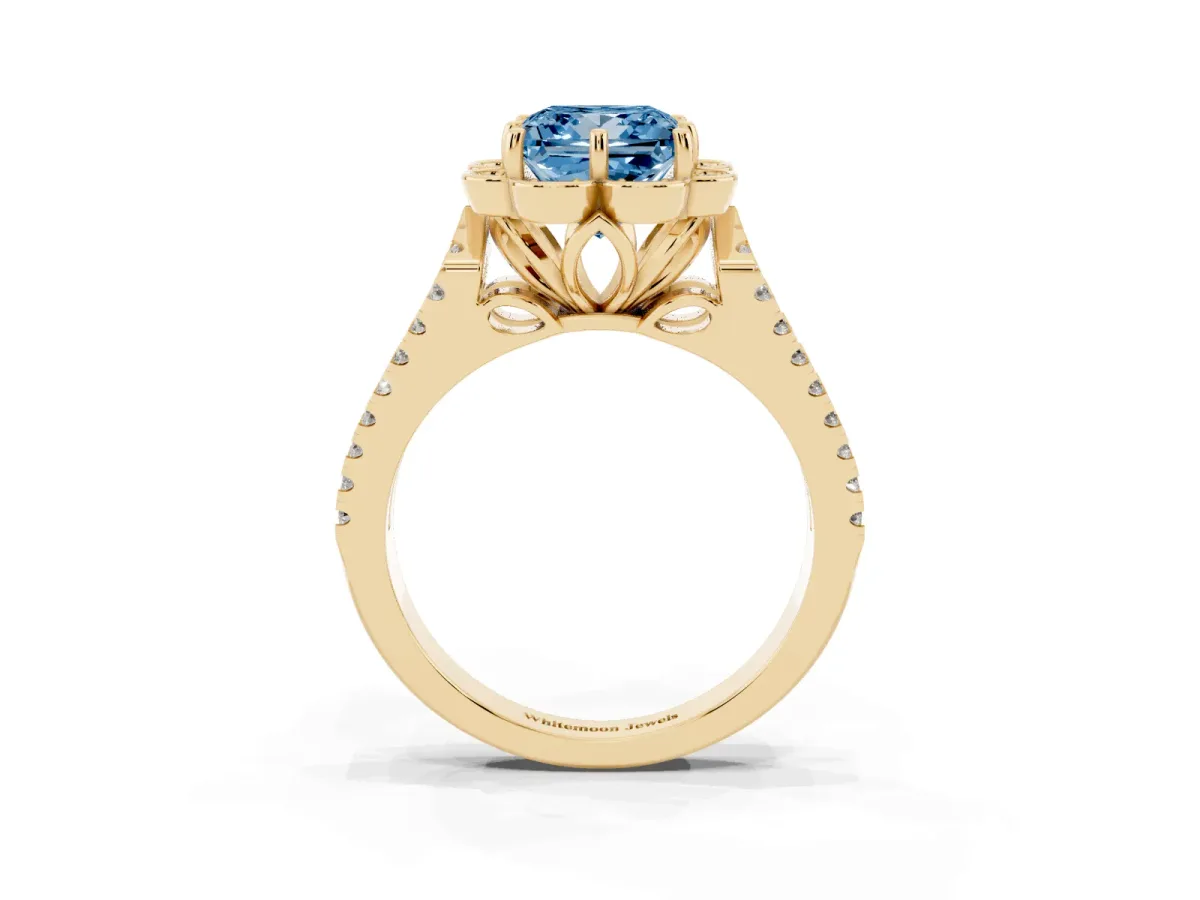 Fancy Blue Princess Cut Halo Diamond Floral Split Shank Engagement Ring Yellow gold