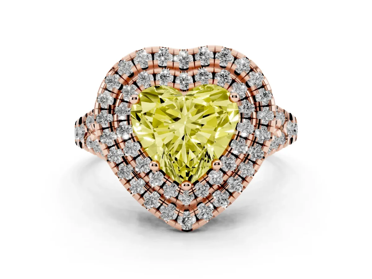 Fancy Yellow Double Halo Heart Cut Diamond Pavé Split Shank Ring with Prong Setting Rose gold