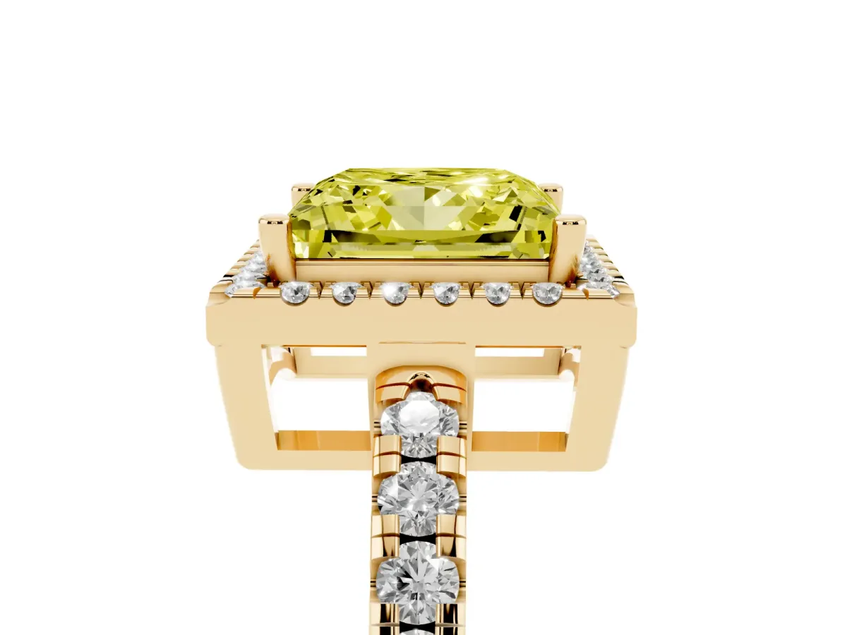 Fancy Yellow Princess Cut Diamond Halo Ring with Pavé Band and Four-Prong Setting Yellow gold