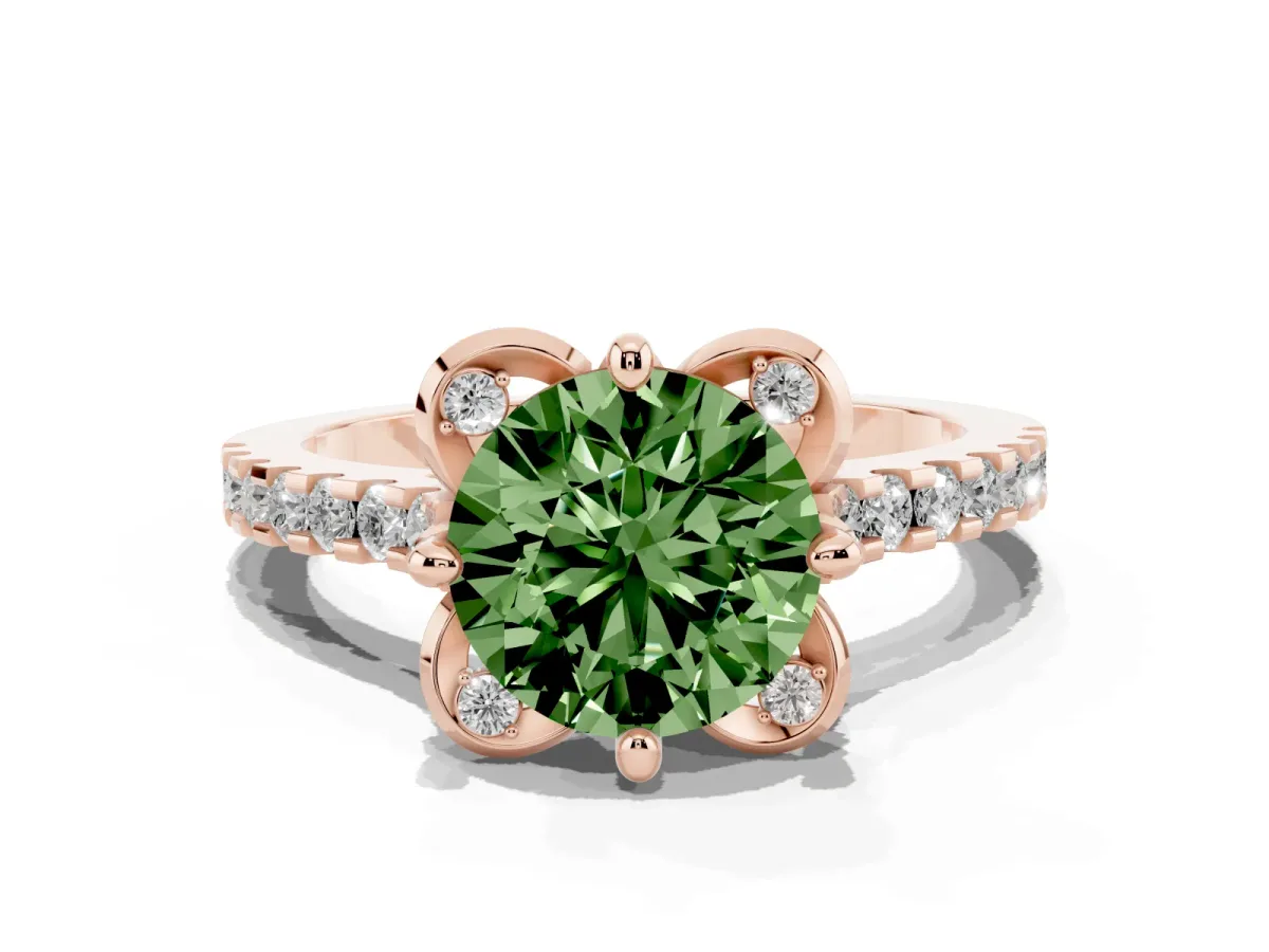 Fancy Green Round Cut Diamond Ring with Pavé Band and Floral Prong Setting Rose gold