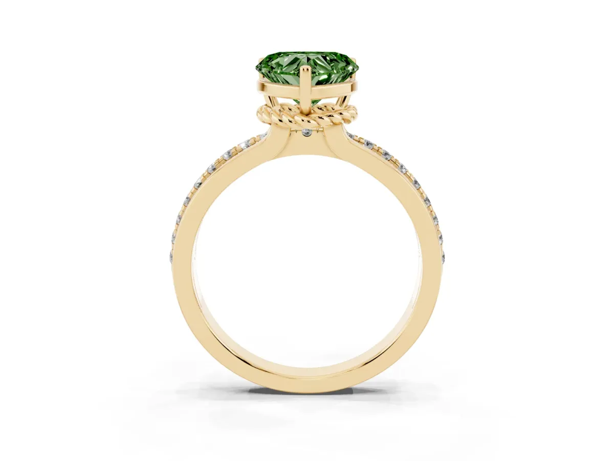 Fancy Green Heart Cut Solitaire Diamond Ring with Channel Set Band and Six-Prong Setting Yellow gold