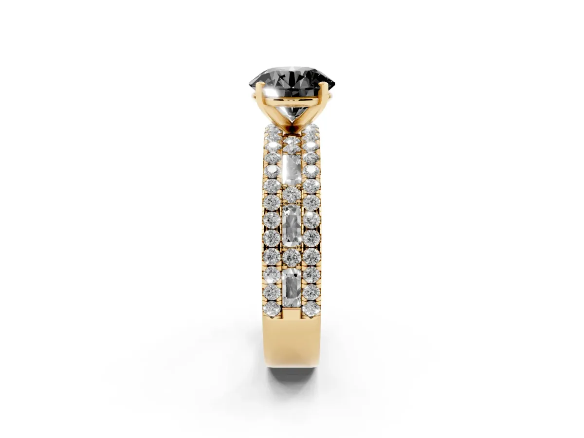 Fancy Black Round Cut Diamond Solitaire Ring with Pavé and Channel Set Band Yellow gold