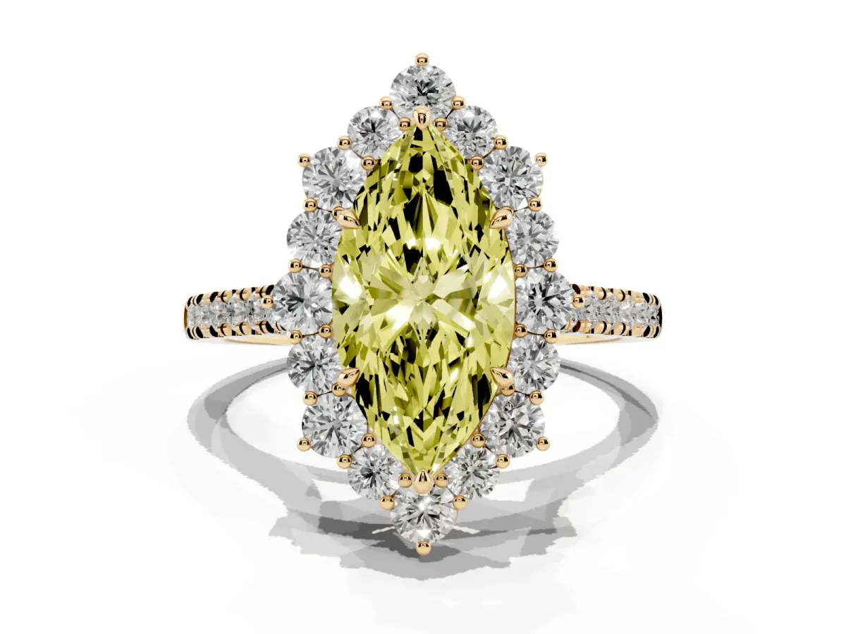 Fancy Yellow Marquise Cut Halo Diamond Ring with Pavé Band and Prong Setting Yellow gold
