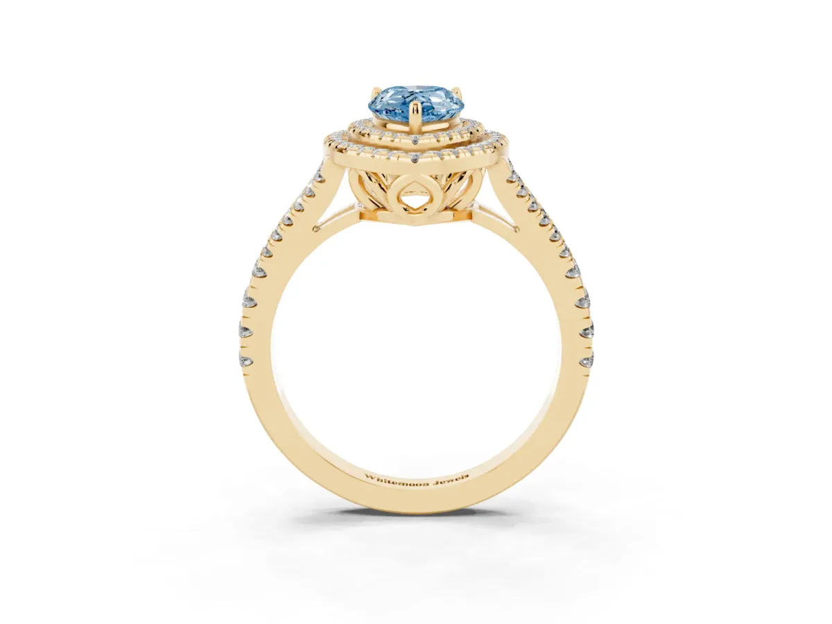 Fancy Blue Pear Cut Diamond Double Halo Ring with Pavé Band and Prong Setting Yellow gold