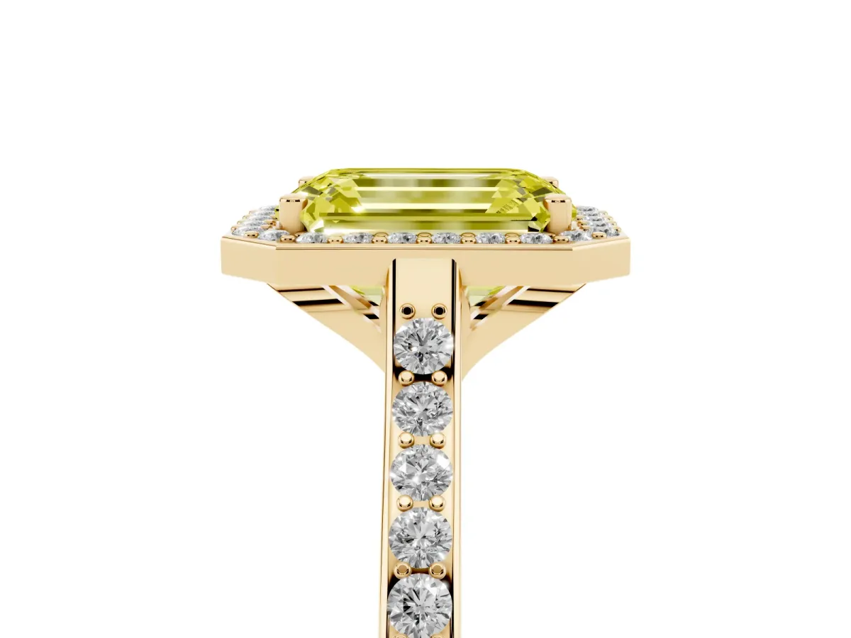Fancy Yellow Emerald Cut Diamond Halo Engagement Ring with Round Pavé Shoulders and Prong Setting Yellow gold