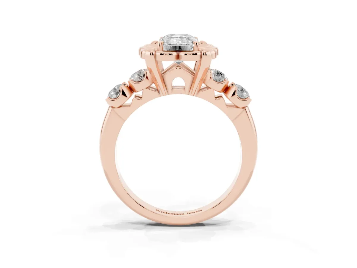 Emerald Cut Cut Diamond Floral Halo Engagement Ring with Shared Prong Setting Rose gold