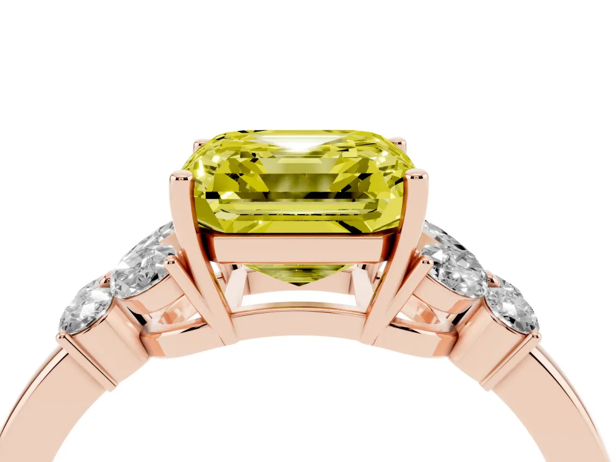 Fancy Yellow Asscher Cut Cut Solitaire Floral Diamond Ring with Four-Prong Setting Rose gold