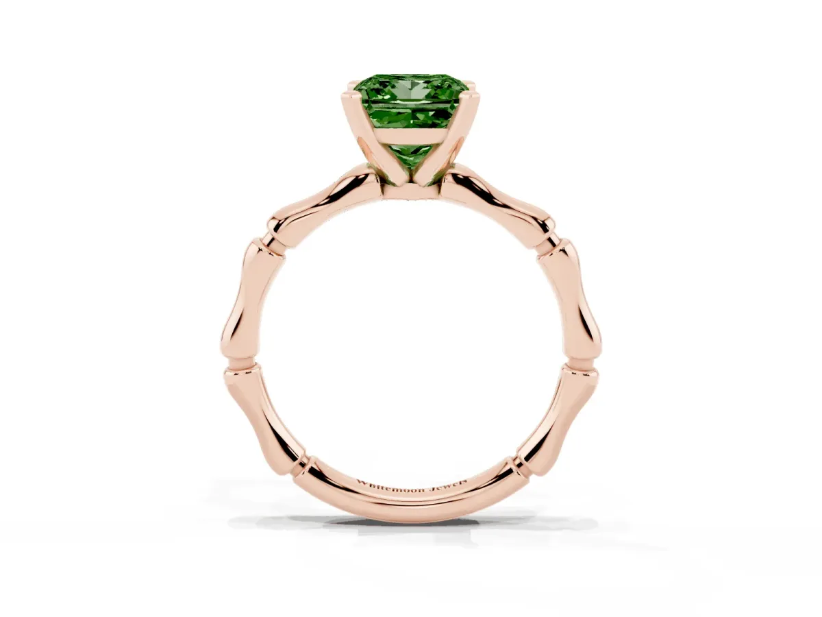 Fancy Green Princess Cut Solitaire Diamond Ring with Bamboo Band and Four-Prong Setting Rose gold