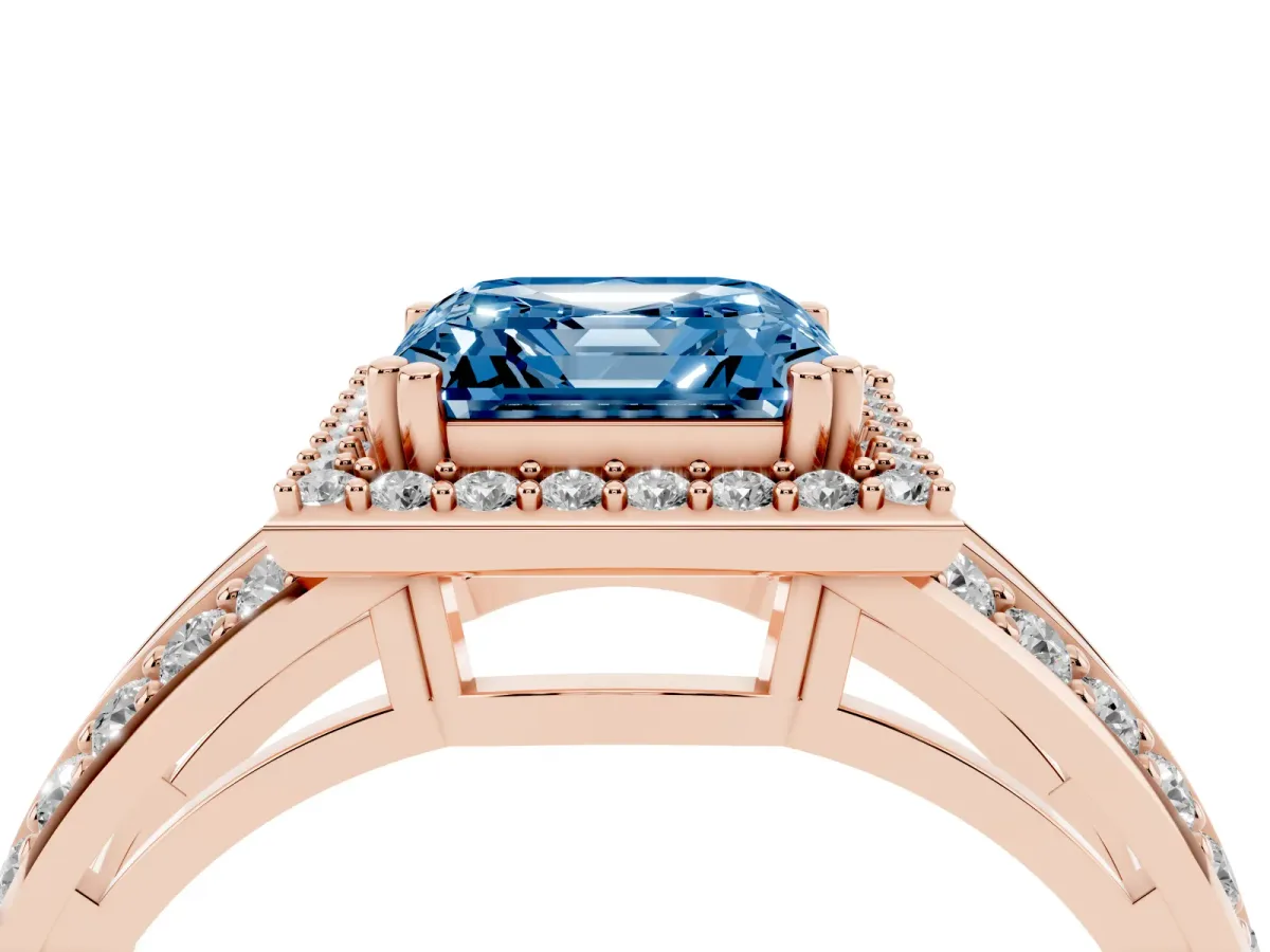 Fancy Blue Asscher Cut Diamond Halo Ring with Split Shank Pavé Band and Four-Prong Setting Rose gold
