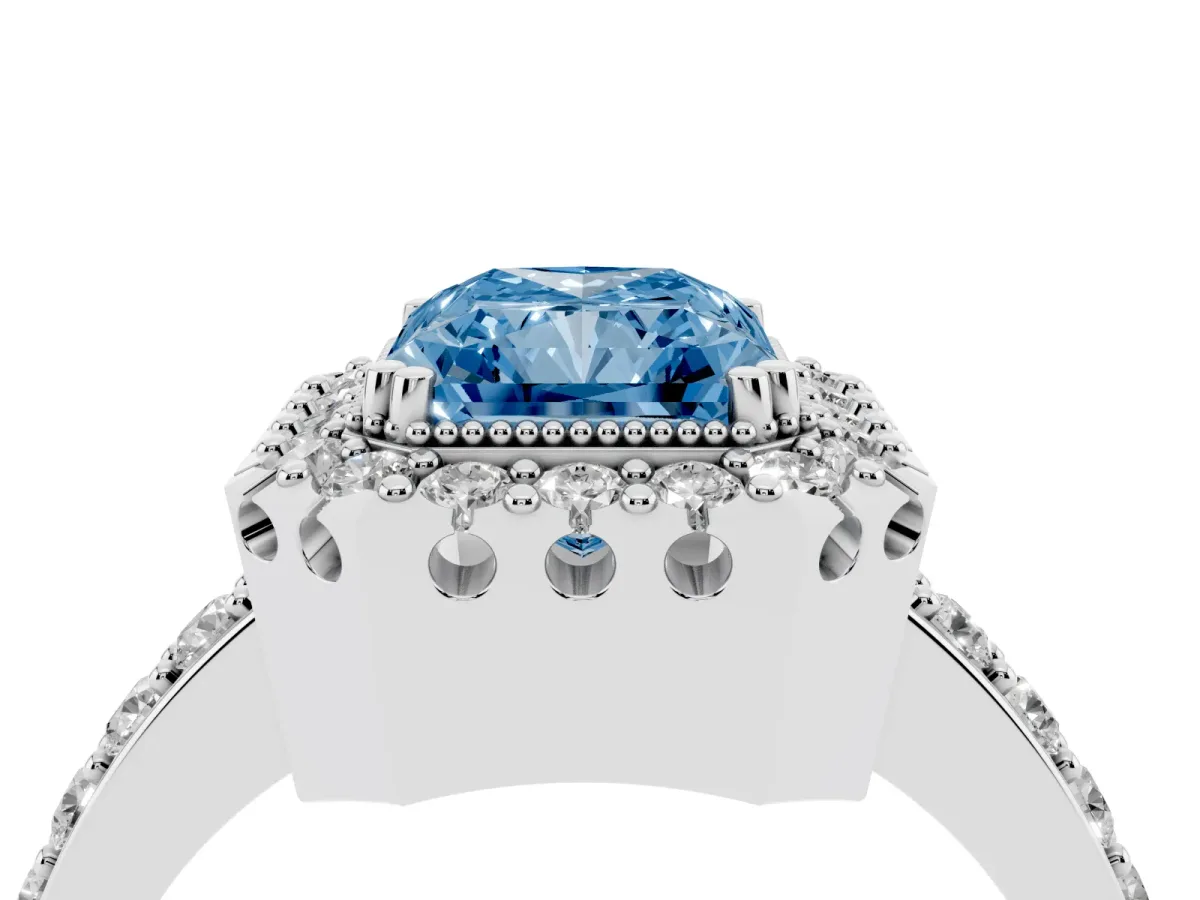 Fancy Blue Radiant Cut Diamond Halo Ring with Pavé Band and Prong Setting Platinum