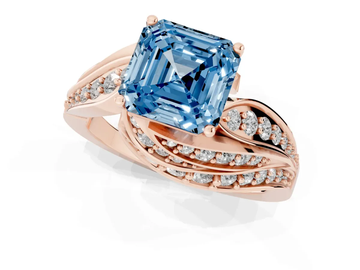 Fancy Blue Asscher Cut Diamond Solitaire Ring with Prong Setting and Twisted Pavé Band Rose gold