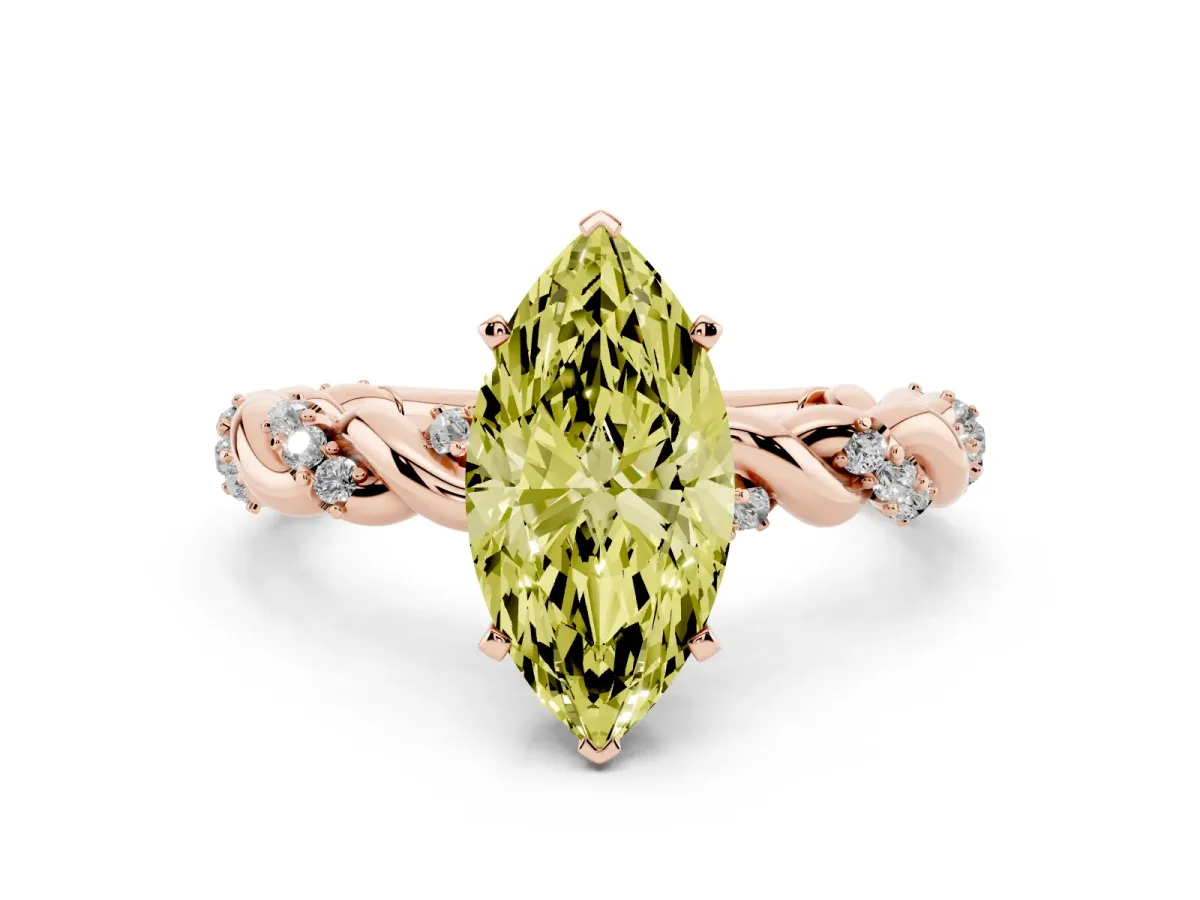 Fancy Yellow Marquise Cut Diamond Solitaire Ring with Twisted Band and Pavé Accents Rose gold