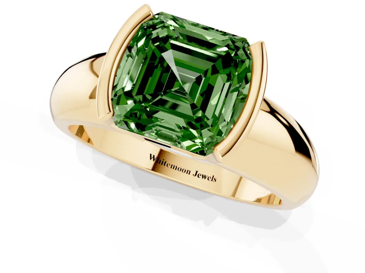 Fancy Green Asscher Cut Solitaire Tension Set Diamond Ring with Wide Band Yellow gold