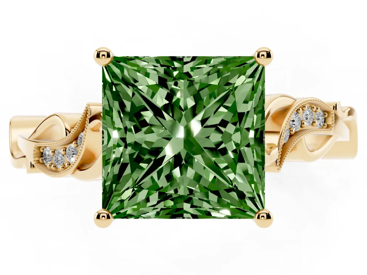 Fancy Green Princess Cut Solitaire Vine Band with Milgrain Prong Setting Yellow gold