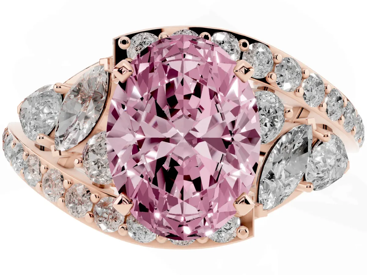Fancy Pink Oval Cut Diamond Halo Ring with Marquise and Pavé Band in Prong Setting Rose gold