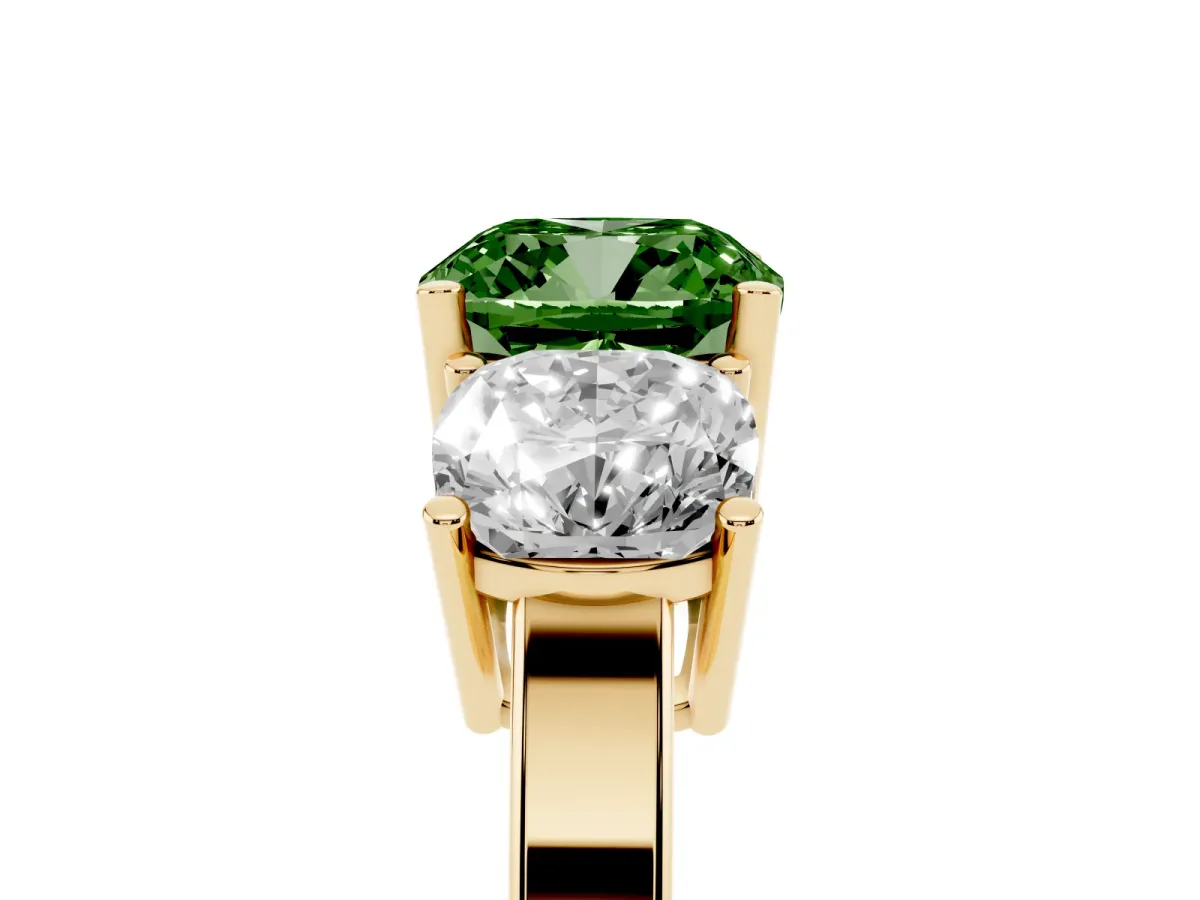 Fancy Green Three-Stone Cushion Cut Cut Diamond Engagement Ring with Flat Band and Four-Prong Setting Yellow gold