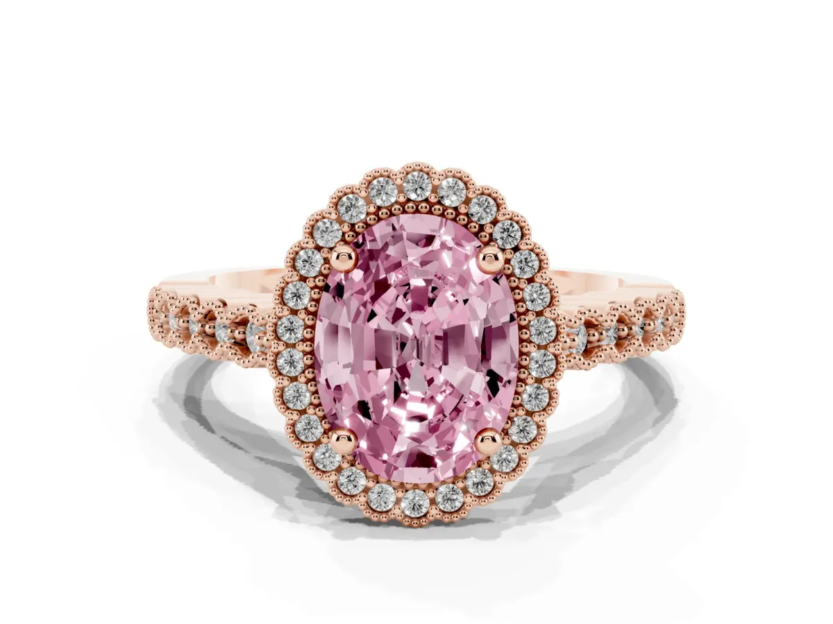Fancy Pink Oval Cut Cut Halo Pavé Solitaire Ring with Milgrain Band Rose gold