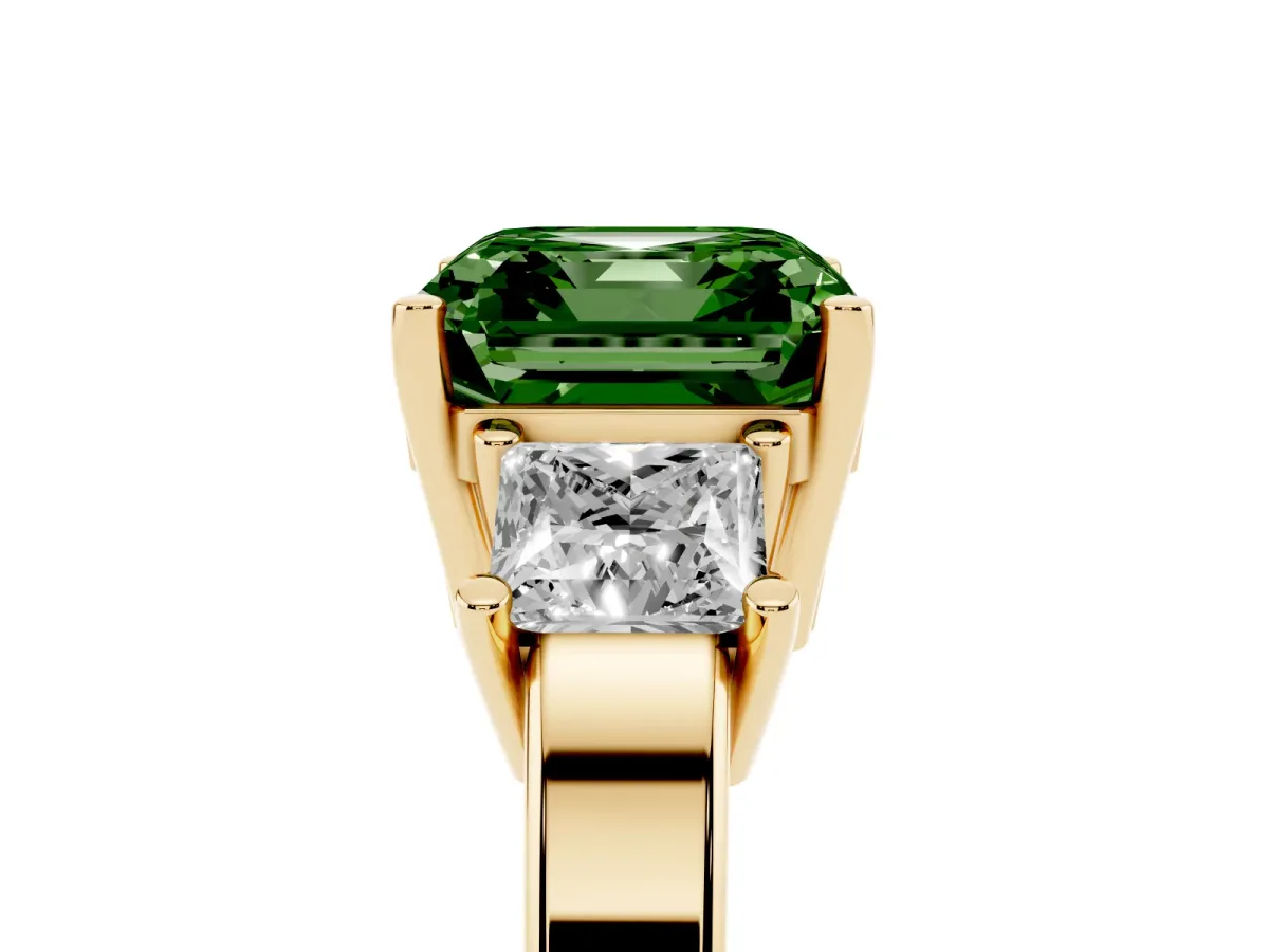 Fancy Green Three-Stone Asscher Cut Cut Solitaire Ring with Prong Setting Yellow gold