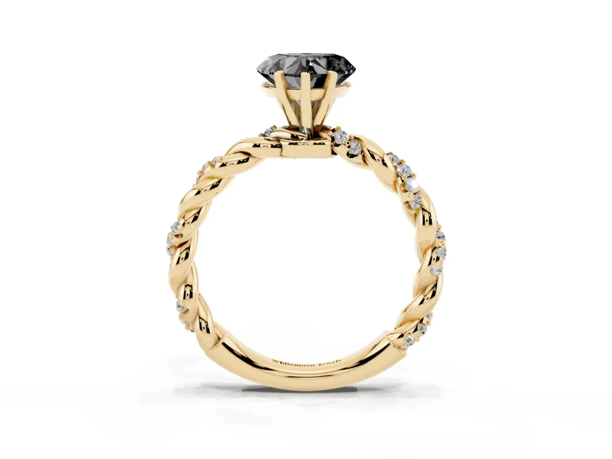 Fancy Black Heart Cut Diamond Solitaire Ring with Twisted Band and Pavé Accents Yellow gold