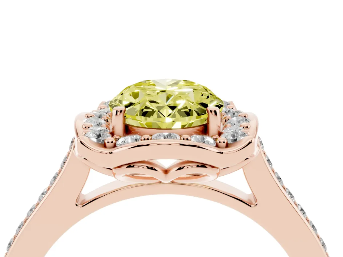 Fancy Yellow Oval Cut Halo Round Diamond Pave Band with Four-Prong Setting Rose gold