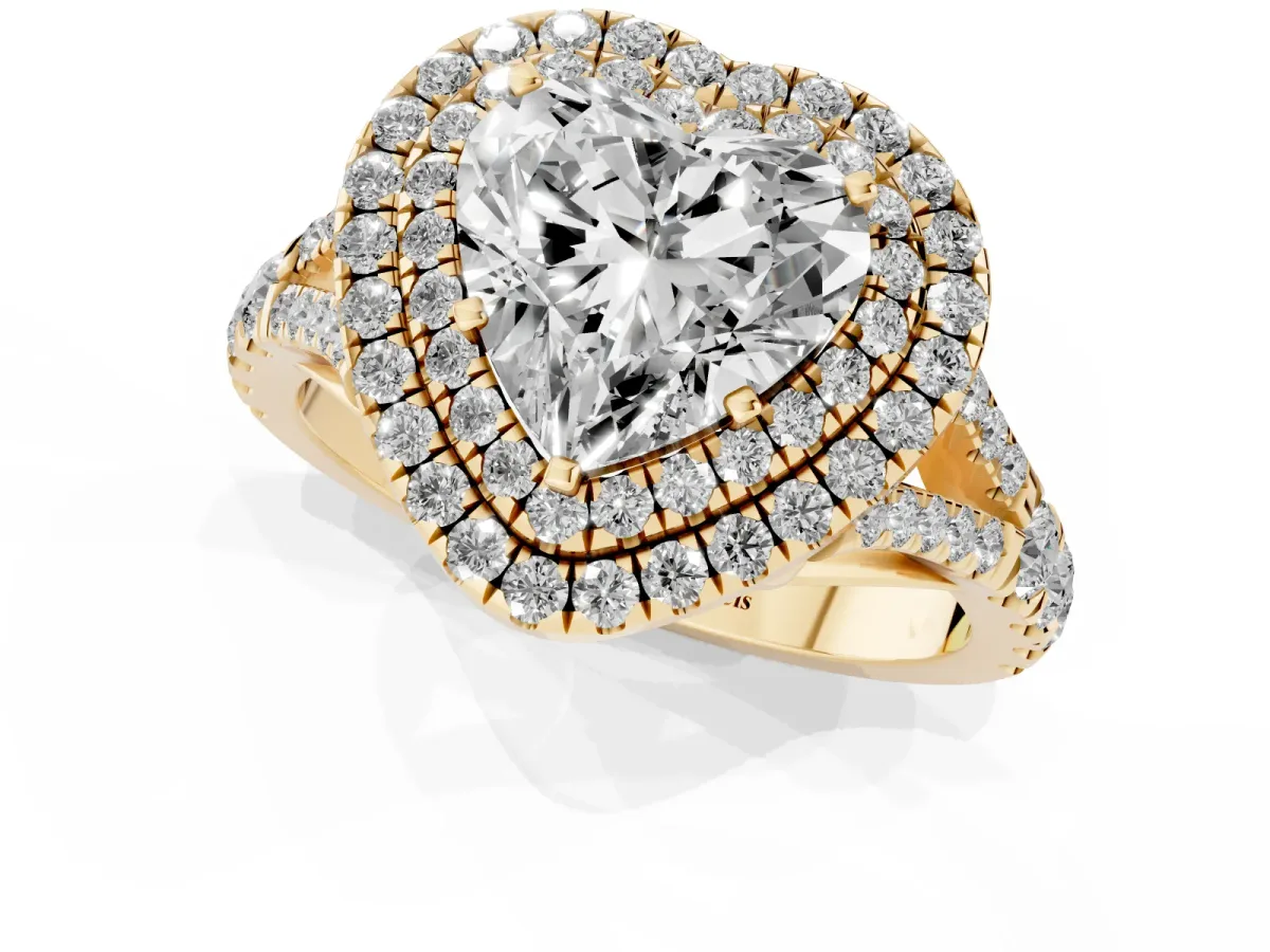 Double Halo Heart Cut Diamond Split Shank Engagement Ring with Four-Prong Setting Yellow gold