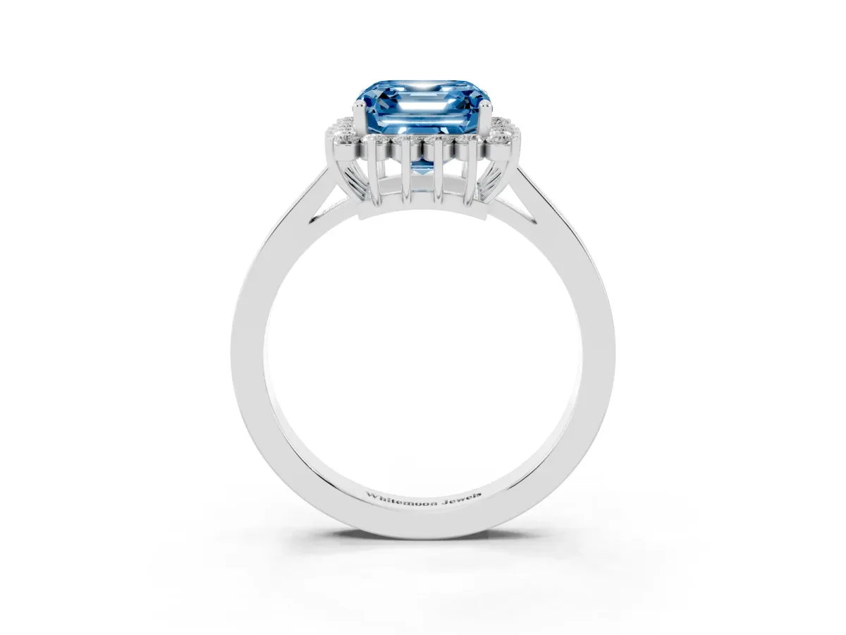 Fancy Blue Asscher Cut Cut Diamond Halo Ring with Round Brilliant Halo and Solitaire Band Silver