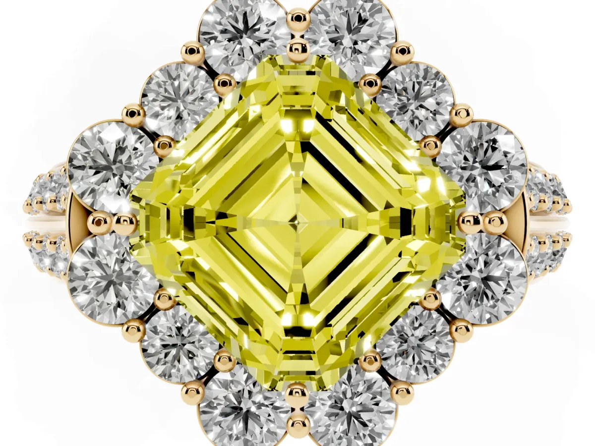 Fancy Yellow Asscher Cut Halo Diamond Engagement Ring with Split Shank and Prong Setting Yellow gold