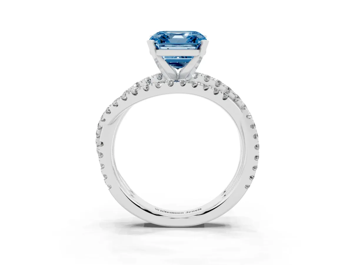 Fancy Blue Asscher Cut Solitaire Twist Band with Pavé Setting and Four-Prong Setting Silver
