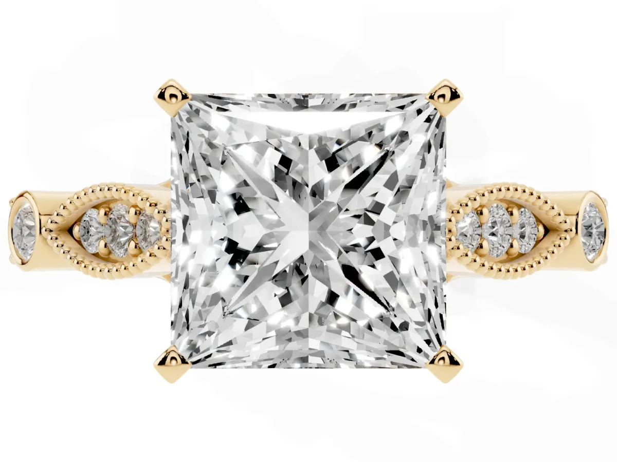 Princess Cut Cut Diamond with Milgrain Marquise and Bezel Accents on a Solitaire Band with Prong Setting Yellow gold