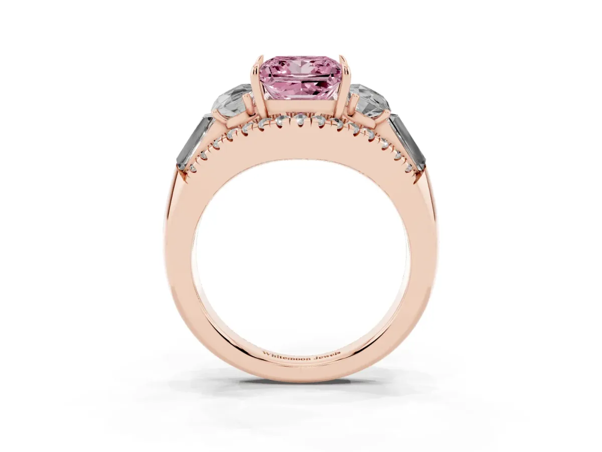 Fancy Pink Three-Stone Princess Cut Diamond Engagement Ring with Pave Band and Prong Setting Rose gold