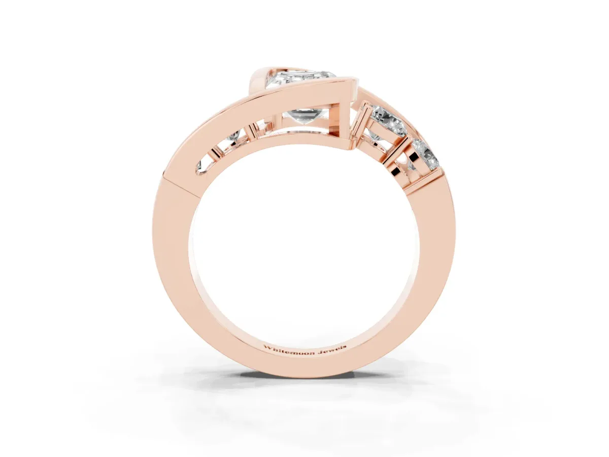 Bezel Set Emerald Cut Diamond Bypass Ring with Round Accents Rose gold