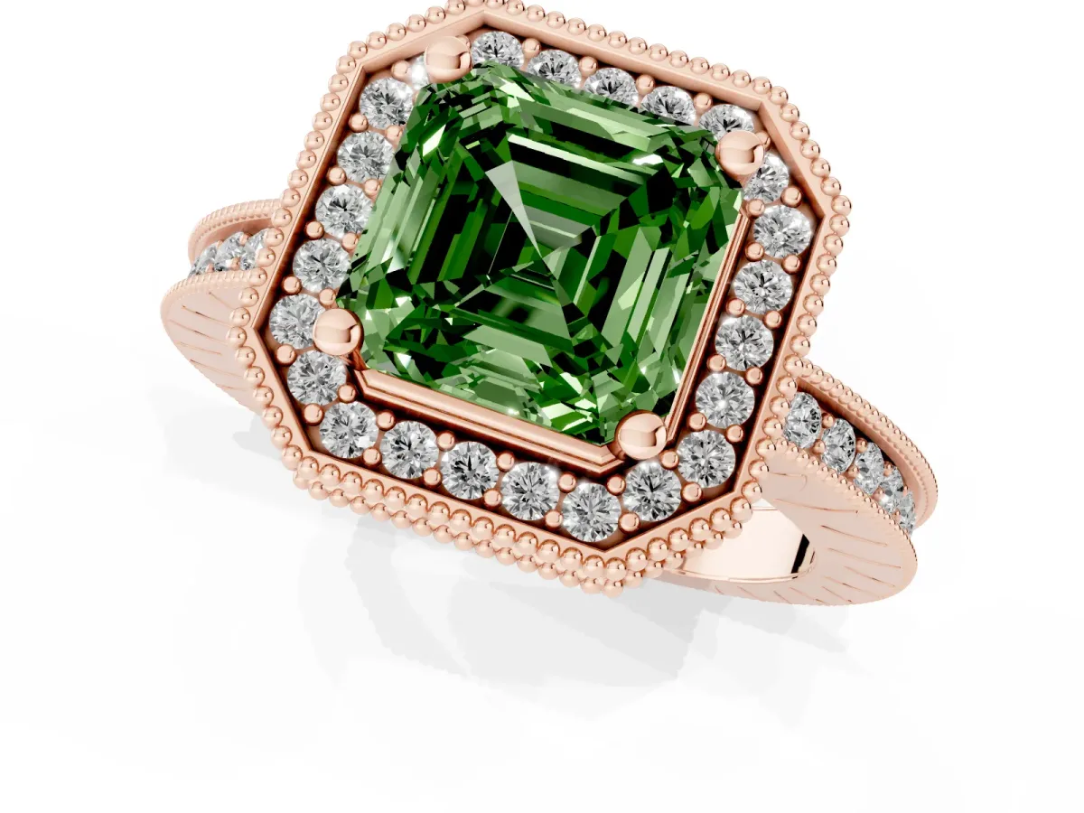 Fancy Green Asscher Cut Diamond Milgrain Halo Engagement Ring with Round Pavé Band and Prong Setting Rose gold