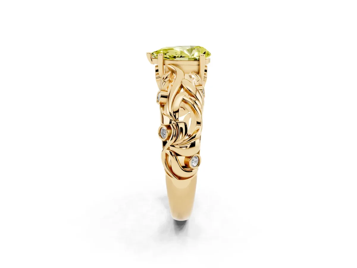 Fancy Yellow Pear Cut Solitaire Diamond Leaf-Inspired Vine Band Ring with Prong Setting Yellow gold