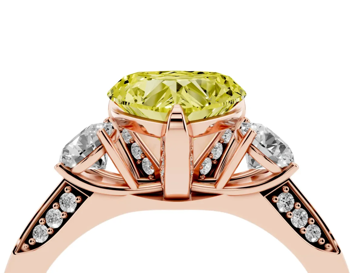 Fancy Yellow Heart Cut Brilliant Three-Stone Diamond Ring with Pavé Band and Four-Prong Setting Rose gold