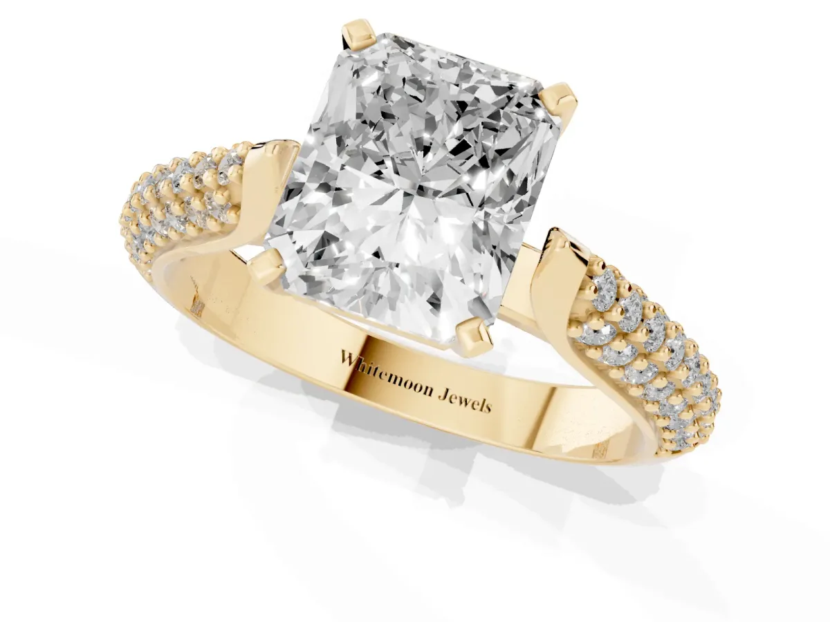 Radiant Cut Diamond Solitaire Engagement Ring with Multi-Row Round Pavé Band and Prong Setting Yellow gold