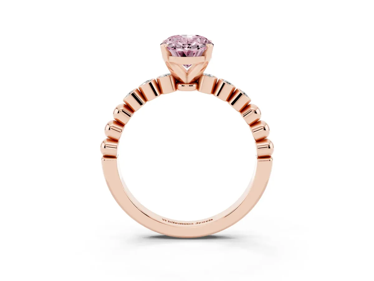 Fancy Pink Oval Cut Solitaire Bezel Accent Diamond Engagement Ring with Beaded Band and Four-Prong Setting Rose gold
