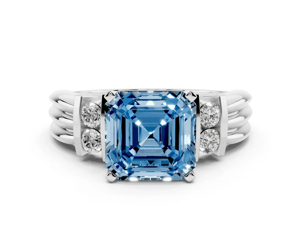 Fancy Blue Asscher Cut Cut Three-Stone Channel Set Ring with Bar Prongs Silver