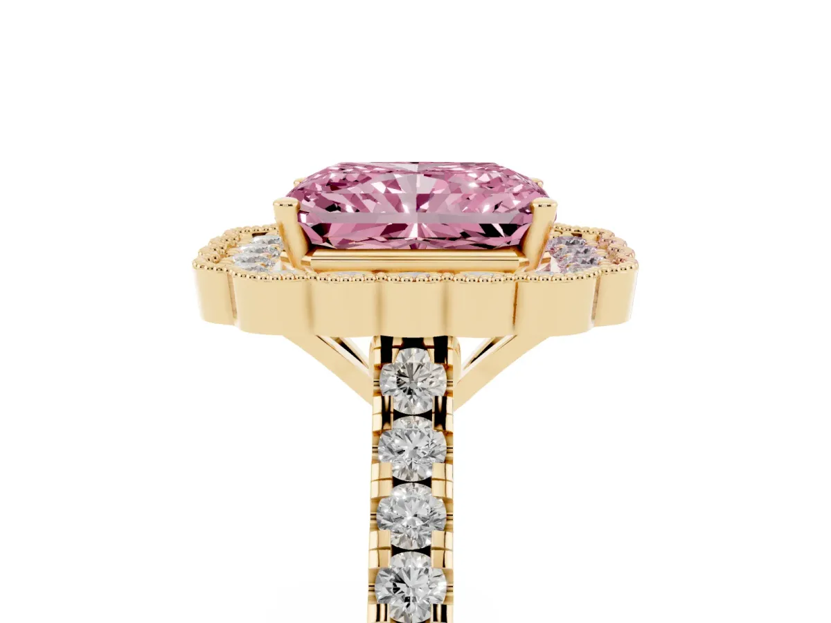 Fancy Pink Radiant Cut Cut Diamond Milgrain Floral Halo Engagement Ring with Pavé Band Yellow gold